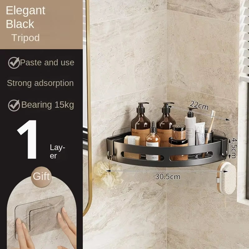 No-drill corner shower shelf — size and adhesive pad