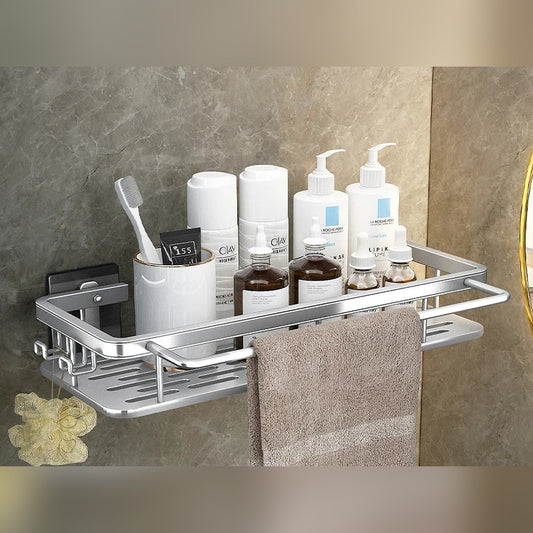 No-drill wall shower shelf with towel bar, silver