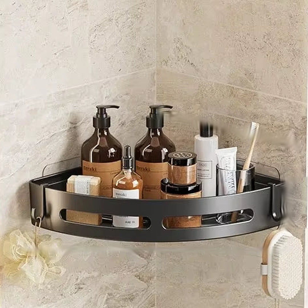 No-drill corner shower shelf in a marble shower