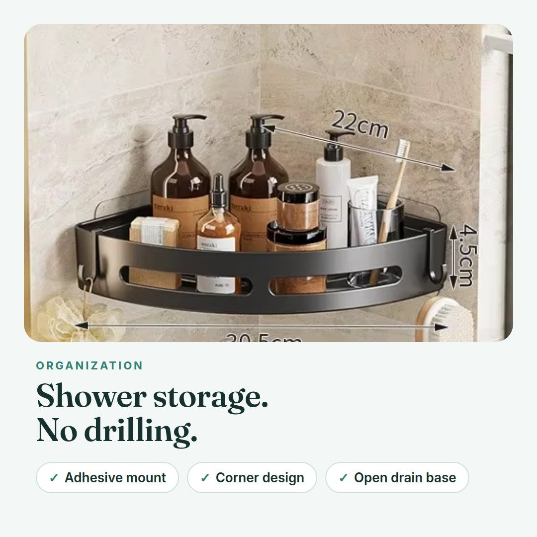 No-drill corner shower shelf — overview